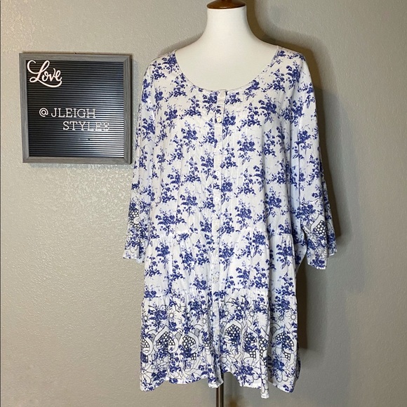 ellos Tops - Oversized Lagenlook Tiered Tunic Blu & White 2X